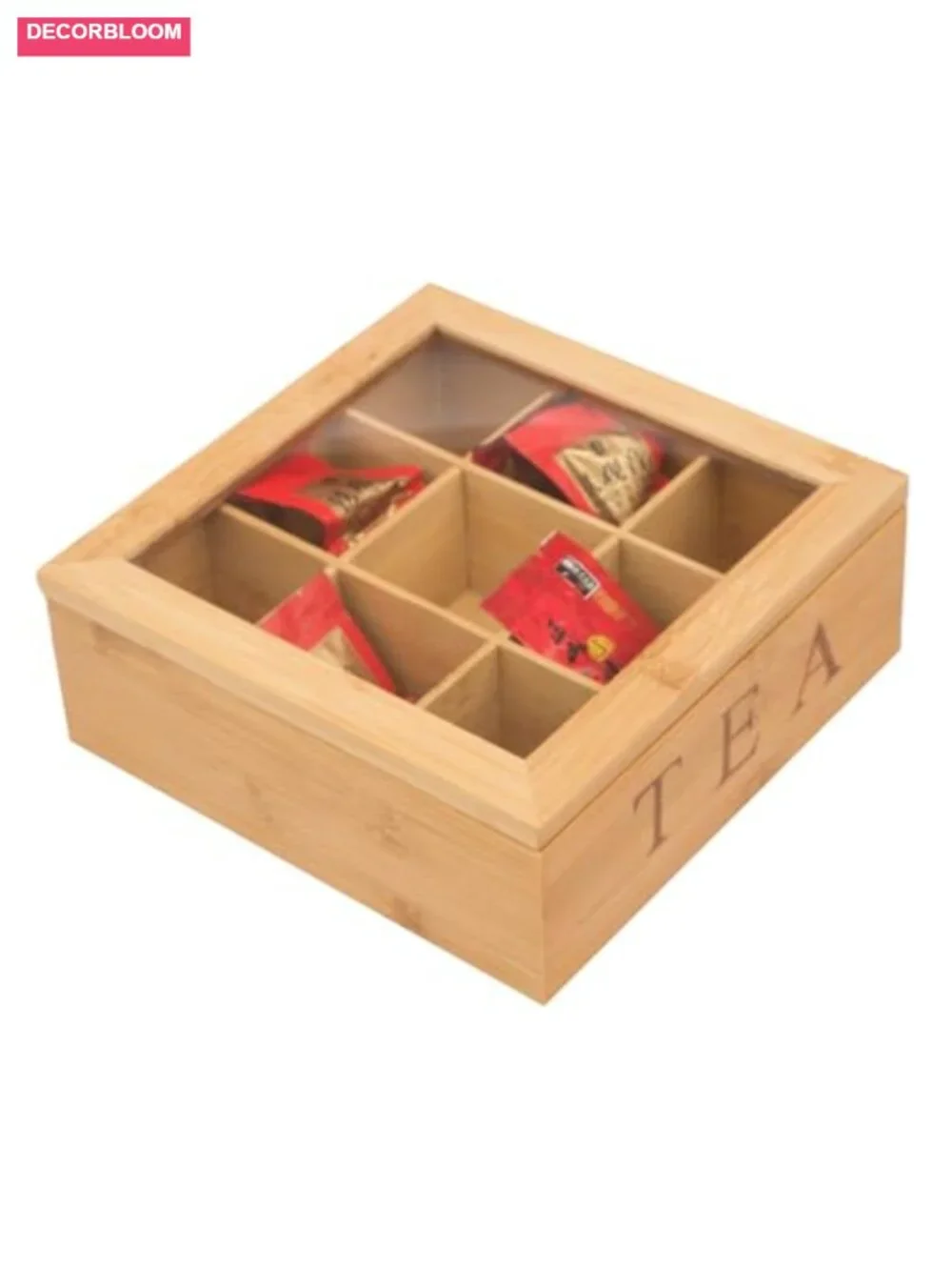 Bamboo Tea Box Organizer with 9 Compartments and Glass Lid for Home Office